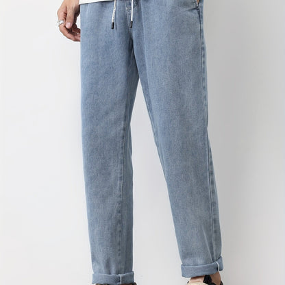 Men's Solid Washed Denim Trousers With Pockets, Causal Drawstring Cotton Blend Barrel Jeans For Outdoor Activities