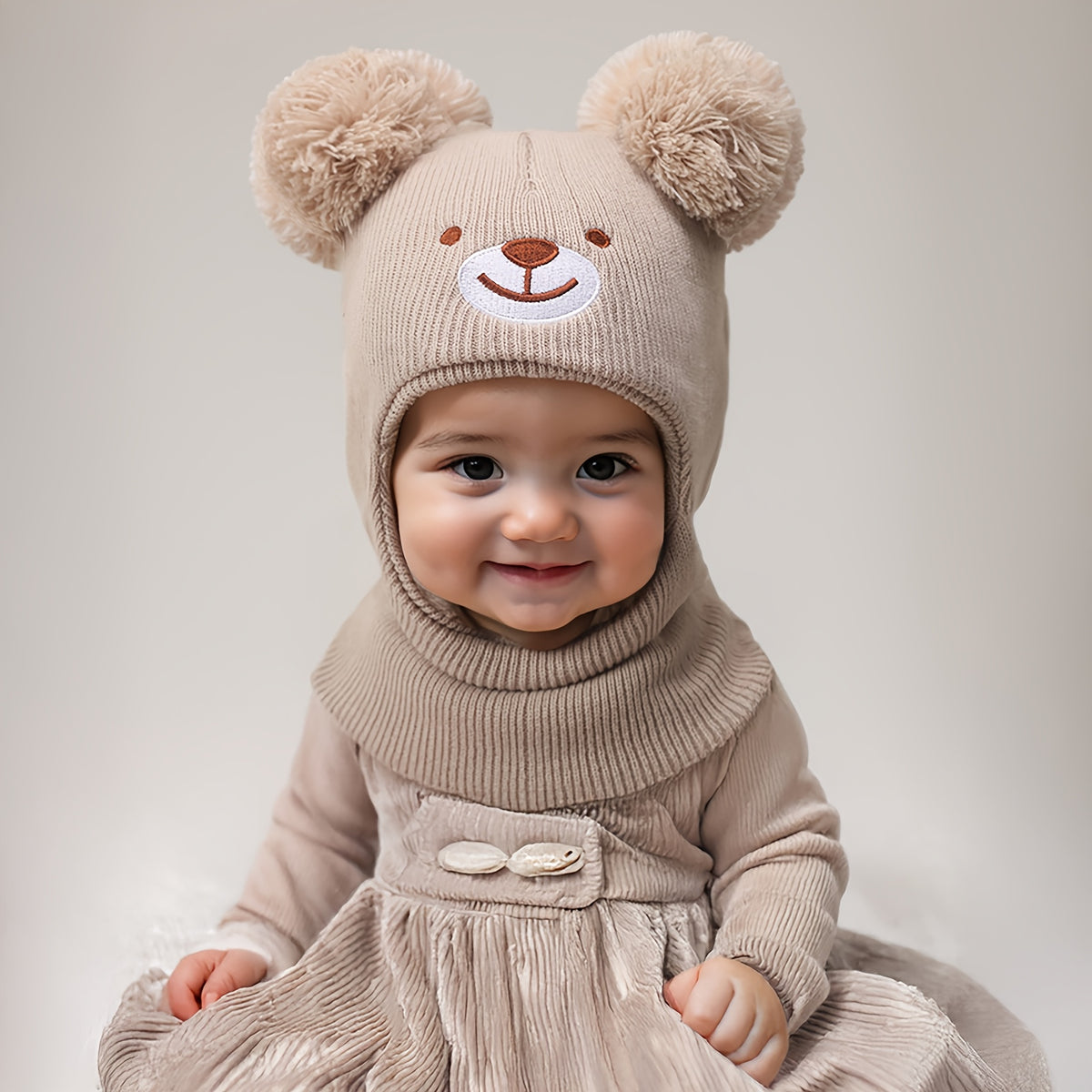 Toddler Bear Knit Balaclava Hat with Pom-Poms for Winter
