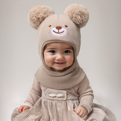 Toddler Bear Knit Balaclava Hat with Pom-Poms for Winter