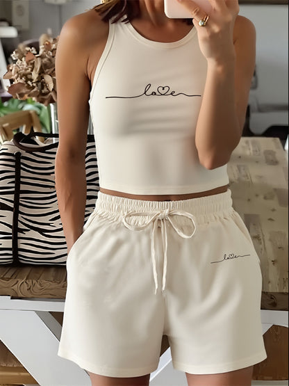 Women's Printed Vest and Shorts Set with Drawstring, Breathable Casual