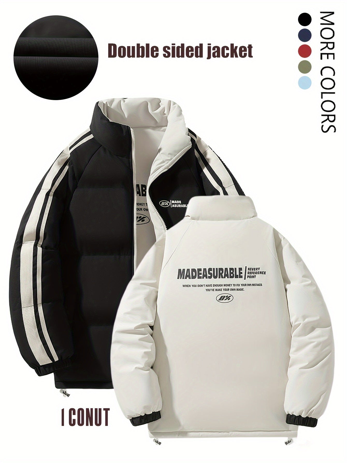 Տղամարդու երկկողմանի ձմեռային բաճկոն՝ հաստացված, կանգուն օձիքով, կայծակաճարմանդով և «MADEASURABLE» և «I CONUT» գրությամբ, սև և սպիտակ, սովորական չափսի՝ աշնանային և ձմռան համար, աշնանային վերնազգեստ, համարձակ գրություն, դիմացկուն գործվածք