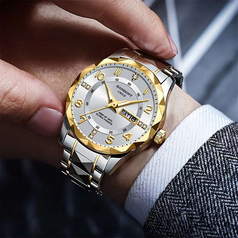 1 New BANBONY Brand Unisex Stainless Steel Quartz Watch with HD Scratch-Resistant Rhinestone-Embellished Simple Digital Round Dial, Luminous Display Date Calendar Battery-Powered Multifunctional Fully Automatic Wristwatch for