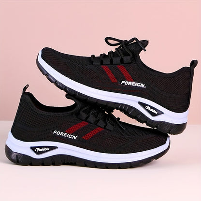 Women's Lightweight Breathable Knit Running Sneakers - Casual Sneakers with Lace-Up Closure, Dual-Layer PVC Sole for Easy Wear & Comfort, Black & Red Striped Design, Perfect for Outdoor Activities, Walking, and Daily Commute,