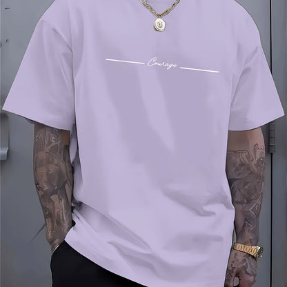 Men'S Casual Crew Neck T-Shirt with Trendy English Print, 95% Polyester 5% Elastane, Slight Stretch Knit Fabric, Regular Fit, Summer Wear - MBDMBD