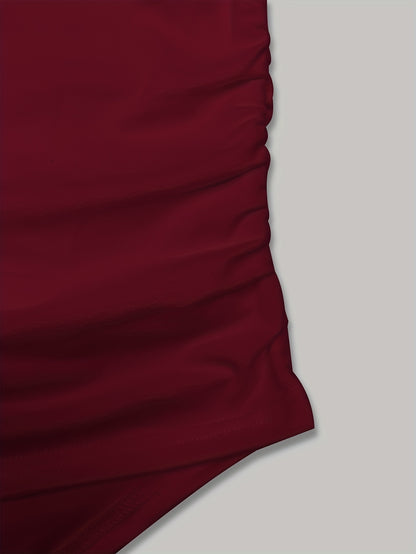 Women'S Elegant Square Neck Solid Color T-Shirt, Polyester Knit Fabric, Short Length, Stretchy Slim Fit, Spring/Fall Fashion Top