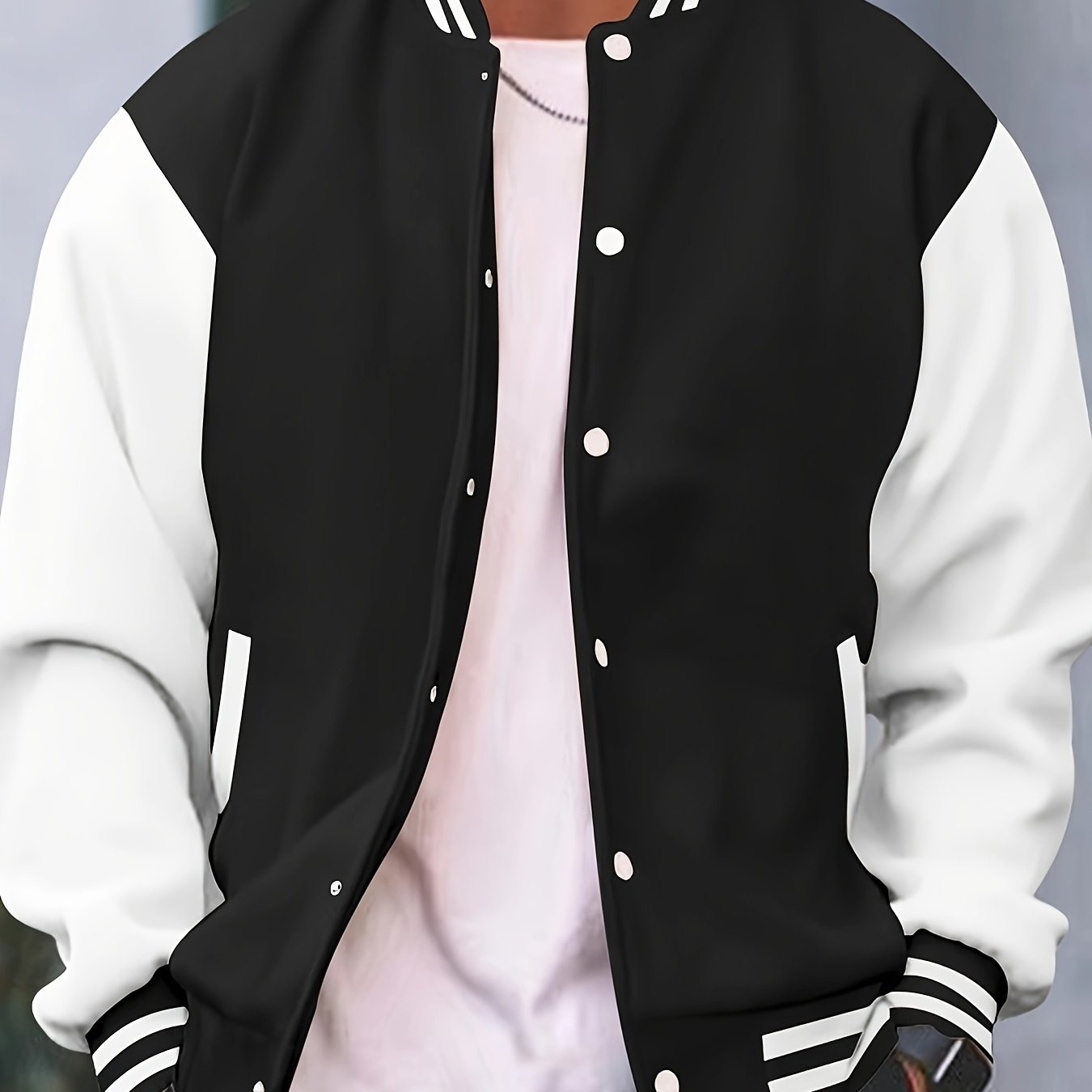 Տղամարդու ամենօրյա բեյսբոլի բաճկոն - ոճային սև՝ սպիտակ շերտերով, կոճակներով, երկար թևքերով, իդեալական է գարնան և աշնան համար, ամենօրյա հագուստ, ամենօրյա հագուստ | Բեյսբոլի բաճկոն | Constructio