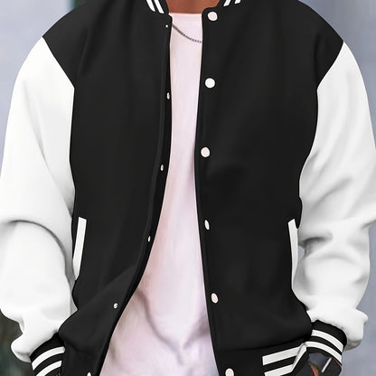 Տղամարդու ամենօրյա բեյսբոլի բաճկոն - ոճային սև՝ սպիտակ շերտերով, կոճակներով, երկար թևքերով, իդեալական է գարնան և աշնան համար, ամենօրյա հագուստ, ամենօրյա հագուստ | Բեյսբոլի բաճկոն | Constructio