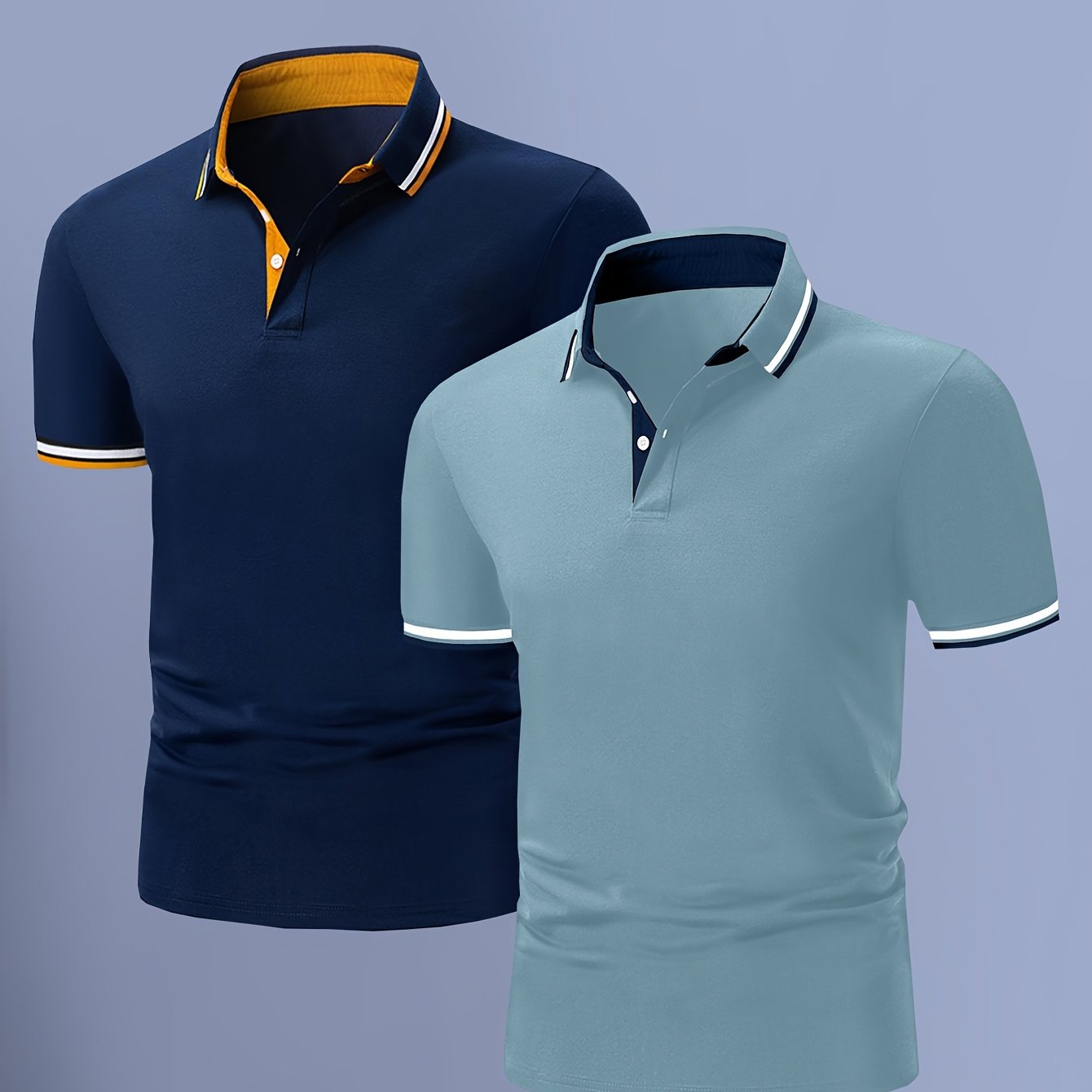 2 հատ տղամարդու կարճաթև վերնաշապիկներ կոնտրաստ օձիքներով - թեթև պոլիեսթեր, պաստել կապույտ և վարդագույն, շրջադարձային օձիքով, կոճակներով փակվող, սովորական, ամենօրյա և գործնական հագուստ, իդեալական ամառային կամ նվերների համար, կարճ թև վերնաշապիկներ