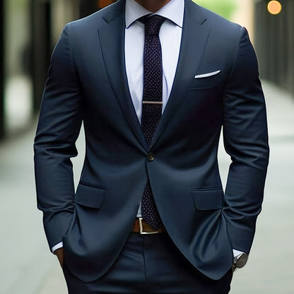 Men's Two-Piece Suit in Solid Color with Sealed Pockets, Regular Fit Suit Trousers, Elegant and Classic, Suitable for Business and Wedding Parties