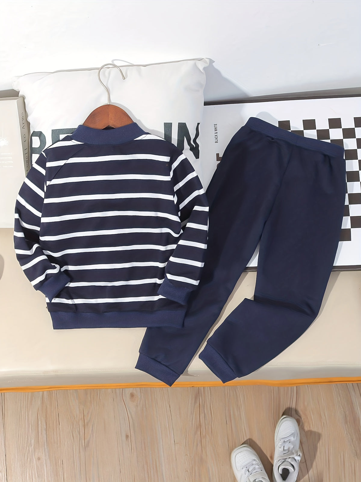 Boys Casual Blue White Striped Long-Sleeve Sweatshirt & Pants Set - ayq