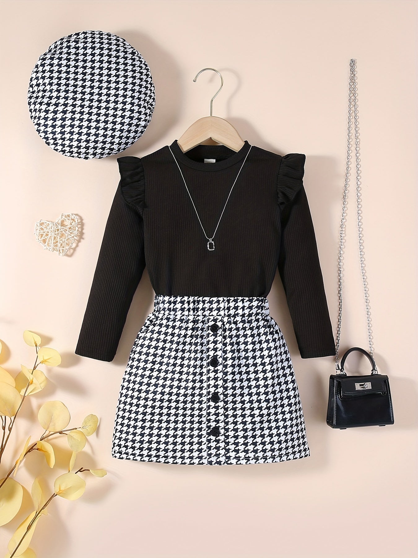 Youngsters Girls Ruffle Tee &amp; Houndstooth պրինտ կիսաշրջազգեստ և գլխարկ
