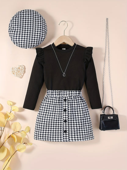 Youngsters Girls Ruffle Tee &amp; Houndstooth պրինտ կիսաշրջազգեստ և գլխարկ