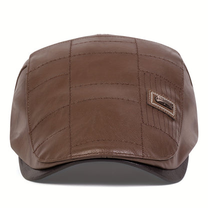 Retro Classic PU Leather Gentlemen Forward Hat, Adjustable Casual Beret For Autumn And Winter Travel