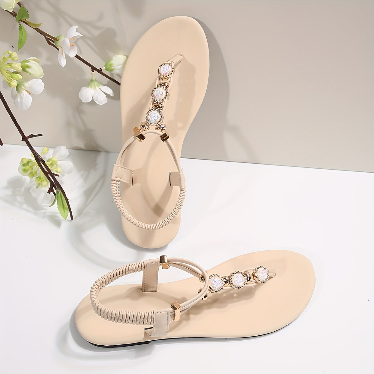 Elegant Summer Women's Flat Sandals with Rhinestone Embellishments and Strappy Back, Split Toe Design, Rubber Sole – Non-Washable, Man Made Materials – Taizhou-Origin