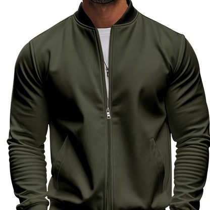 Men's Lightweight Stand Collar Jacket - Olive Green Softshell Zipper Jacket with Pockets, Regular Fit for Spring/Fall Hiking & Casual Outdoor Wear, Hiking Accessories
