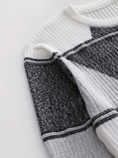 Տղամարդու նորաձև ադամանդե գույնի տրիկոտաժե երկար թևքով սվիտեր՝ արհեստական ​​տանձի գույնի, OBM անունով, առօրյա ոճով, կողավոր դետալներով, բարձր ձգվող գործվածքով, երկրաչափական նախշերով, կանոնավոր չափսերով, իդեալական է աշուն/ձմեռ համար։