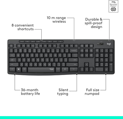 Logitech MK295 Wireless Mouse & Keyboard Combo with Silenttouch Technology, Full Numpad, Advanced Optical Tracking, Lag-Free Wireless, 90% Less Noise - Graphite