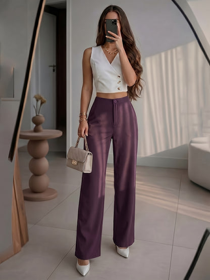 Petite High-Waisted Wide Leg Pants - Chic Draped Straight Trousers