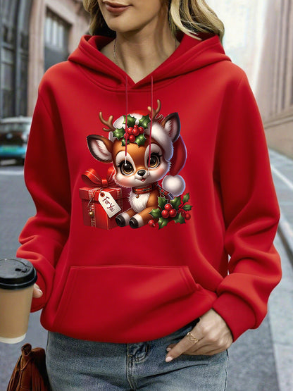 Women's Christmas Deer & Reindeer Print Hoodie - Cozy Winter Pullover Sweatshirt with Cute Deer Headband-Like Hood, Slim-Fit Casual Jacket for Holiday Parties, Xmas Outfits & Cold Weather (Machine Washable), Fall Clothes For