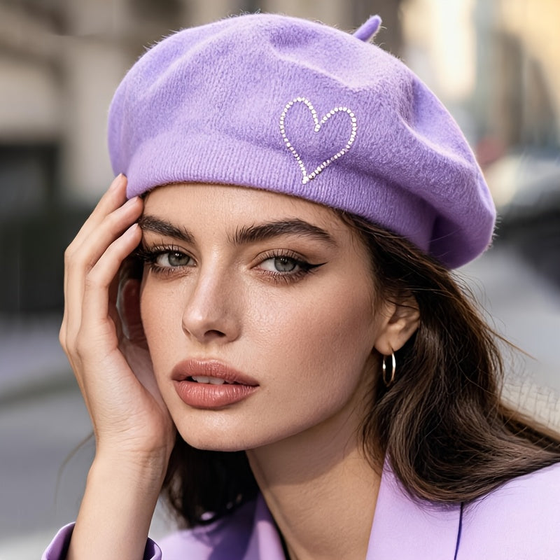 Women's Wool Beret Hat with Rhinestone Heart - Lightweight Warm