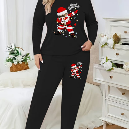 Plus Size - Plus Size - Plus Size - Women'S Plus Size Christmas & Halloween Two-Piece Set - Cozy Long Sleeve T-Shirt with Santa Claus & Snowflake Print, Pockets, and Matching Pants, Casual Holiday Outfit for Fall and Winter,