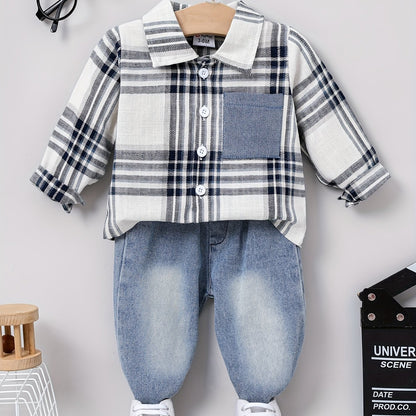 PatPat 2pcs Baby Boy Casual Patch Pocket Plaid Long-sleeve Lapel Collar Shirt and Jeans/Denim Pants Set For Spring & Autumn/Fall
