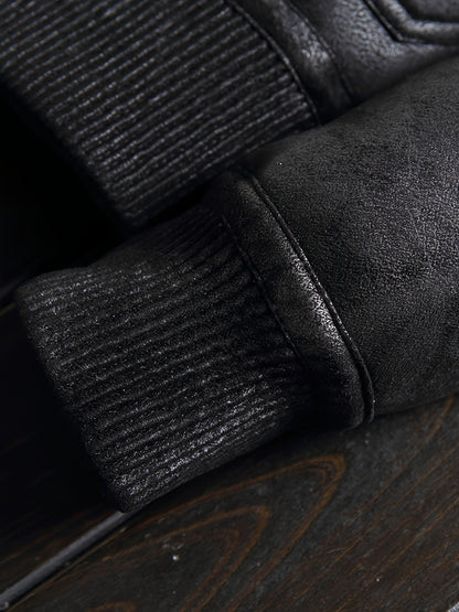 Men'S Faux Fur Lined Biker Jacket, Casual Long Sleeve Applique Air Force Style, Polyester 100% Knit Fabric, Solid Color Lapel Collar, Zipper Closure, Regular Fit for Daily & Golf Occasions - Fall/Winter Collection