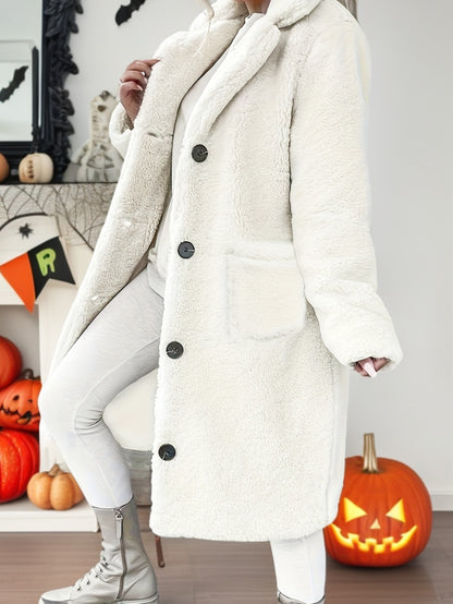 Women'S Elegant Long Faux Fur Coat - Plush Beige Double-Breasted Winter Coat with Button Details, Flap Pockets & Ribbed Cuffs, Stylish Fall/Winter Outerwear for Casual or Formal Outfits, Winter Coats And Vests, Formal Winter