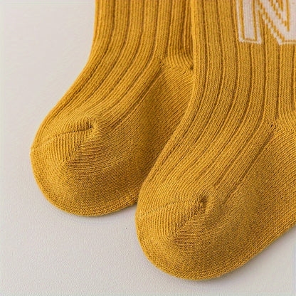 4 Pairs of N-Letter Knitted Pattern Socks, Thin Socks for Spring and Summer, Cotton Blend Comfortable Breathable Soft Mid-Calf Socks, Breathable Mid-Calf Socks