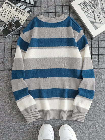 Տղամարդկանց նորաձև, գծավոր, կլոր օձիքով, տրիկոտաժե սվիտեր՝ աշնանային և ձմեռային տարբերակներով