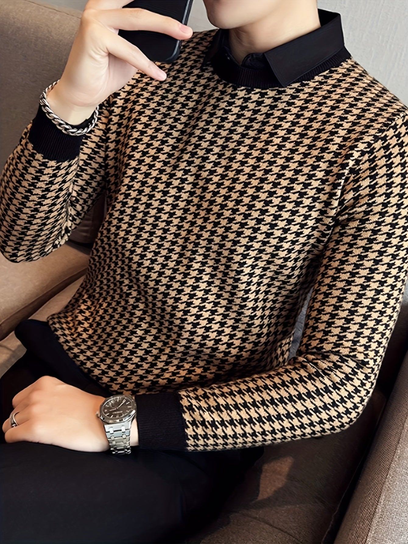 Նոր տղամարդու Houndstooth գունավոր խճճված սվիտեր, կլոր վզնոցով և երկար թևքերով ամենօրյա սվիտեր, տրիկոտաժե