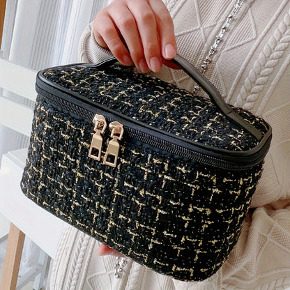 Elegant Plaid Cosmetic Bag - Large Capacity Travel Makeup Organizer with Dual Zippered Compartments, Portable Toiletry Storage in Light Blue/White/Pink/Red/Navy/Black, Polyester Material, Hand Wash or Dry Clean, Toiletry Trav
