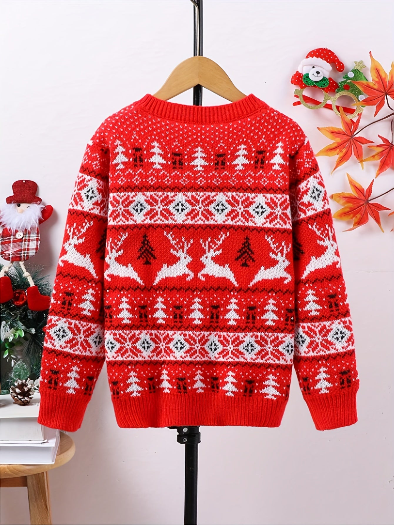 1pc Men'S Christmas Sweater, Festive Holiday Knit Pullover with Reindeer & Tree Pattern, Warm Long Sleeve Round Neck Top for Autumn/Winter, Casual Everyday Wear