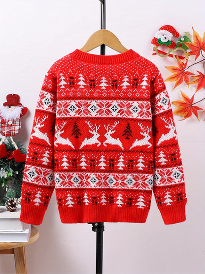 1pc Men'S Christmas Sweater, Festive Holiday Knit Pullover with Reindeer & Tree Pattern, Warm Long Sleeve Round Neck Top for Autumn/Winter, Casual Everyday Wear