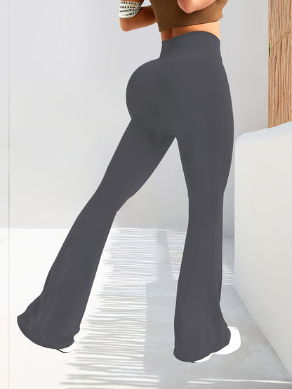 High-Waisted Flared Leggings for Women - Stretchy Black Polyester Pants with Tummy Control, Slimming Fit, and Breathable Design for Spring/Summer/Fall Casual Wear, Spring Summer Leggings | Fitted Leggings | Elastic Waistband