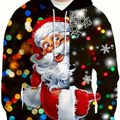 Plus Size Men's Funny Christmas Hoodie- Festive Santa Claus& Snowflake Print, Red& White Holiday Sweatshirt with Pockets, Casual Long Sleeve Pullover for Fall& Winter, Perfect Christmas Gift, Christmas Clothes, PLUS SIZE