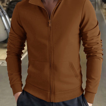 Men's Solid Color Green Full-Zip Stand Collar Jacket - Lightweight Workwear Coat with Zippered Pockets, Machine Washable, Regular Fit for Gym, Hiking, Casual & Outdoor Activities - Versatile All-Season Outerwear