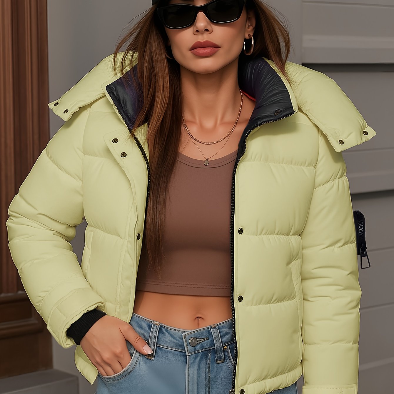 Կանացի ձմեռային կարճ գլխարկով բաճկոն՝ մանանեխի, դեղին և սև գույների հակադրությամբ, փքված վերարկու գրպաններով, գոտի և ամուր կայծակաճարմանդ, առօրյա, էլեգանտ վերնազգեստ ցուրտ եղանակի համար (ձեռքով լվացում/քիմմաքրում), հաստ ձմեռային բաճկոն կանանց համար, Win