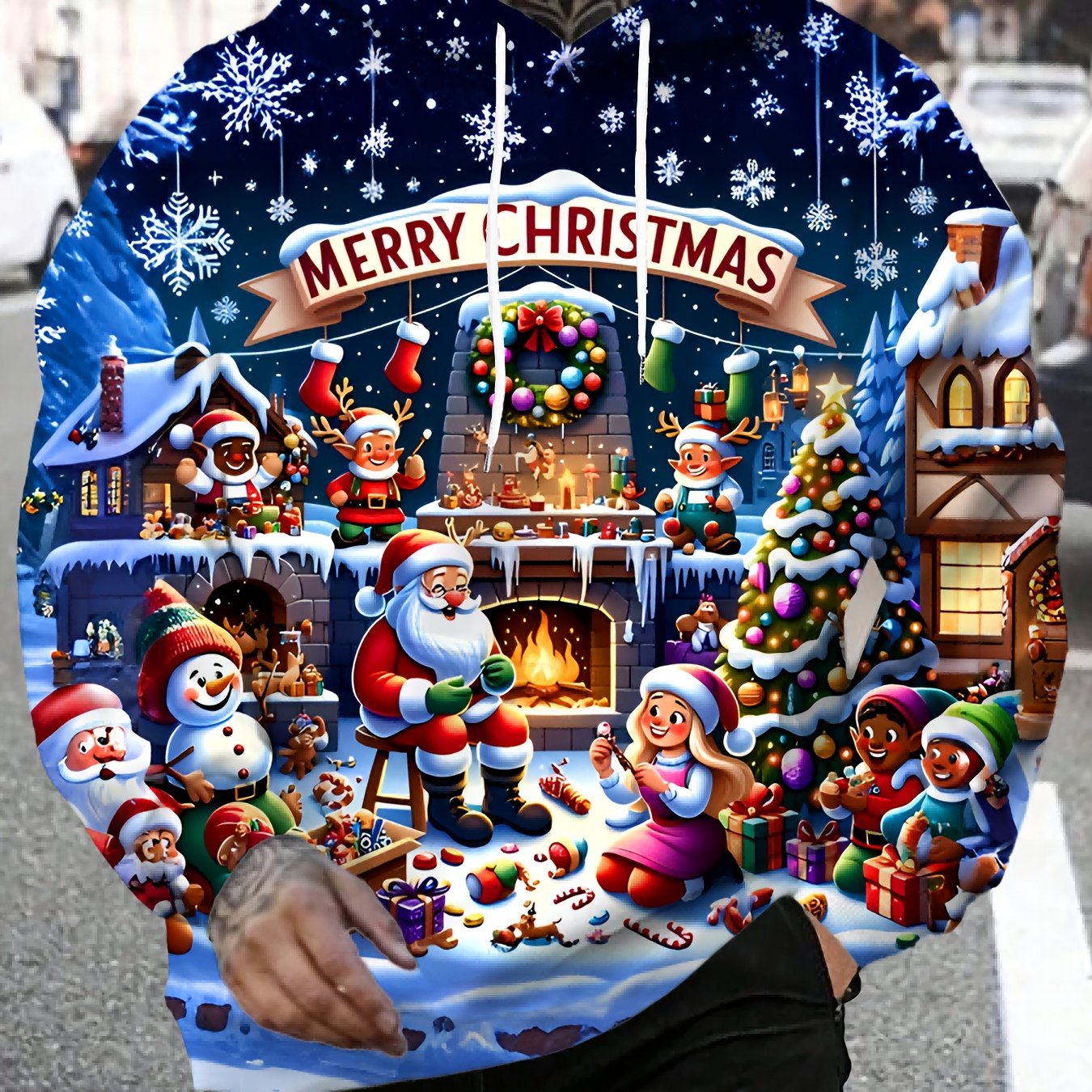Men's 3D Christmas Print  Sweatshirt - Santa Snowman Reindeer Winter Scene Hoodie with Drawstring Pocket, Fabric Gym & Streetwear, All-Season Casual Wear (Black) - Festive Gift for Xmas & Black Friday (Machine Washable), PLUS