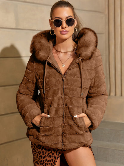 Women'S Heavyweight Winter Coat - Dual-Sided Reversible Jacket with Full-Zip Front, Hooded Collar, Two-Way Zipper Closure - Warm Outerwear for Cold Weather, Office, Travel - Elegant Brown Coat (Size & Wash Label in Pocket), L