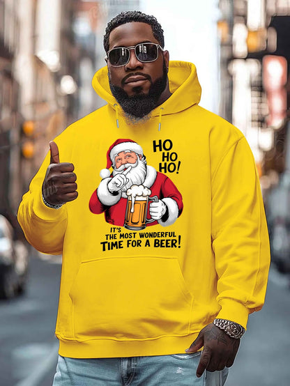 Men'S Red Hoodie with Santa Claus & Beer Mug Graphic - "Ho Ho Ho! It'S the Most Wonderful Time for a Beer!" - Cozy Plush Pullover for Fall & Winter, Casual Holiday Wear, Christmas Clothes, Plus Size