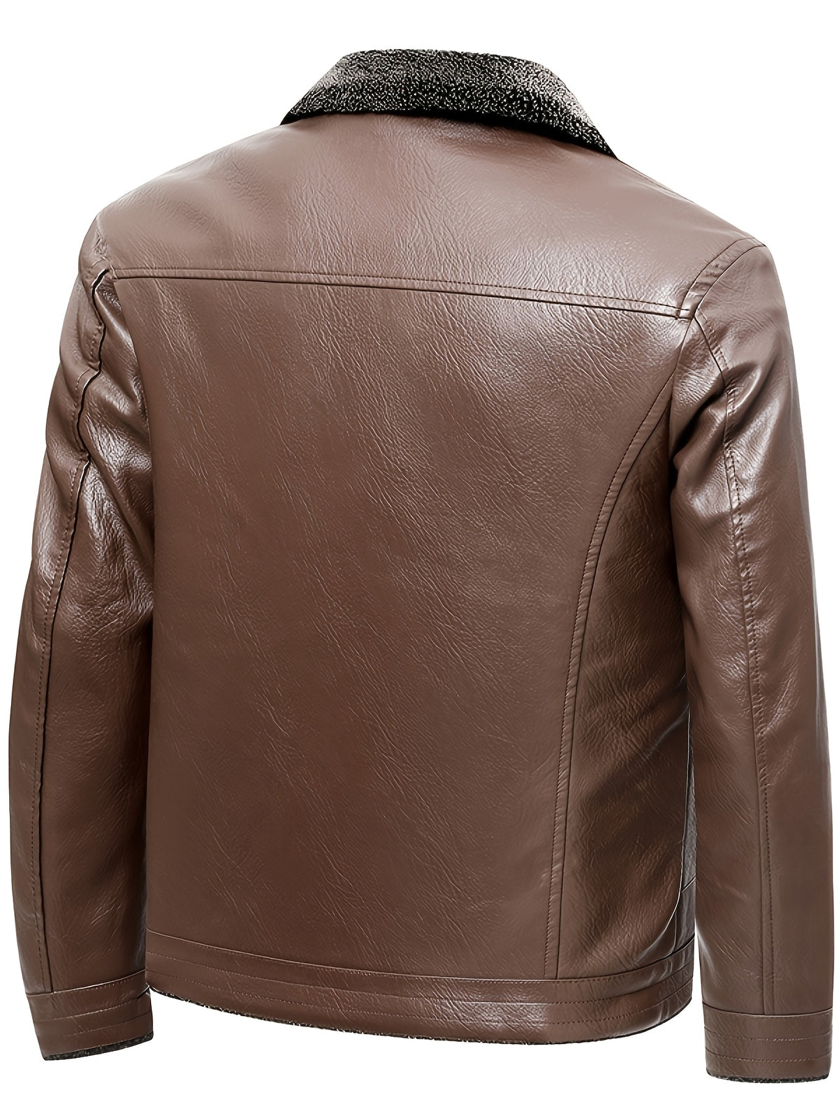 Men's Fleece-Lined PU Leather Jacket with Lapel Collar