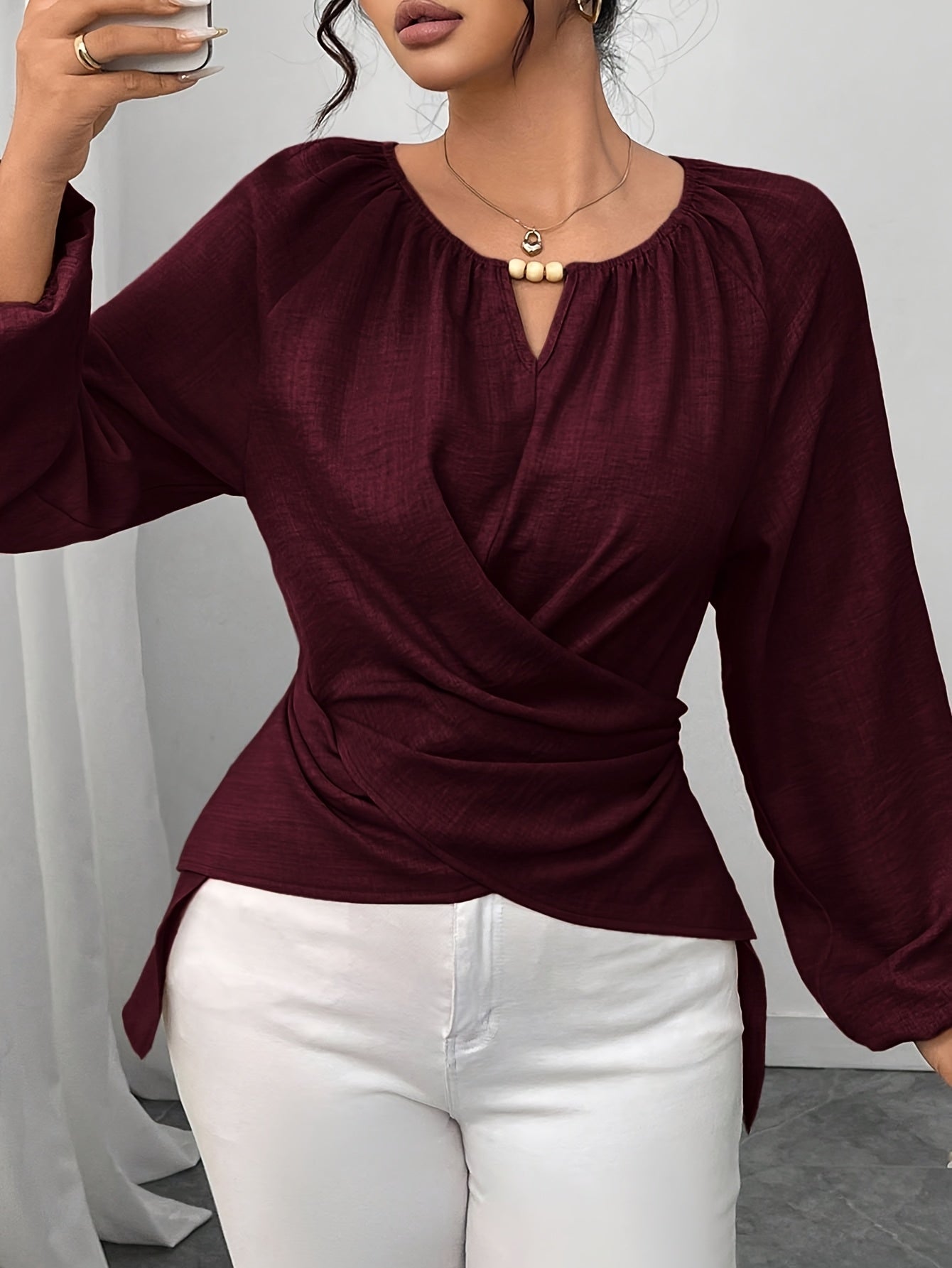 Women'S Elegant Beaded Wrap Shirt - Long Sleeve Round Neck Blouse with Beaded Embellishment, Solid Burgundy/Red/Pink/ - Casual to Formal