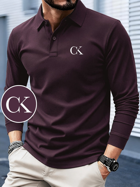 Men's Long Sleeve Polo Shirt with Stylish Letter Print