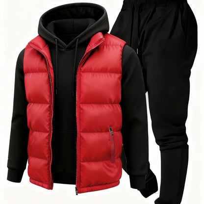 3pcs Vest Casual Set for Men Men's Casual Cartoon Drawstring Pocket Hoodie and Sports Drawstring Trousers Matching Set - ayq