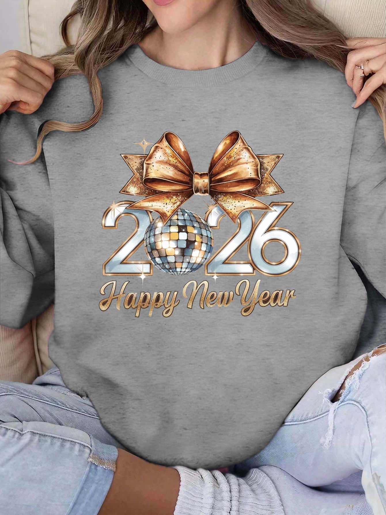 Women'S 2026 Happy New Year Disco Ball Sweatshirt - Black with Golden Glitter & Bow Graphic, Cozy Round Neck Long Sleeve Casual Pullover for Winter, Festive Party Outfit & Casual Attire, New Year Shirt, Yorkshire Terrier Swea