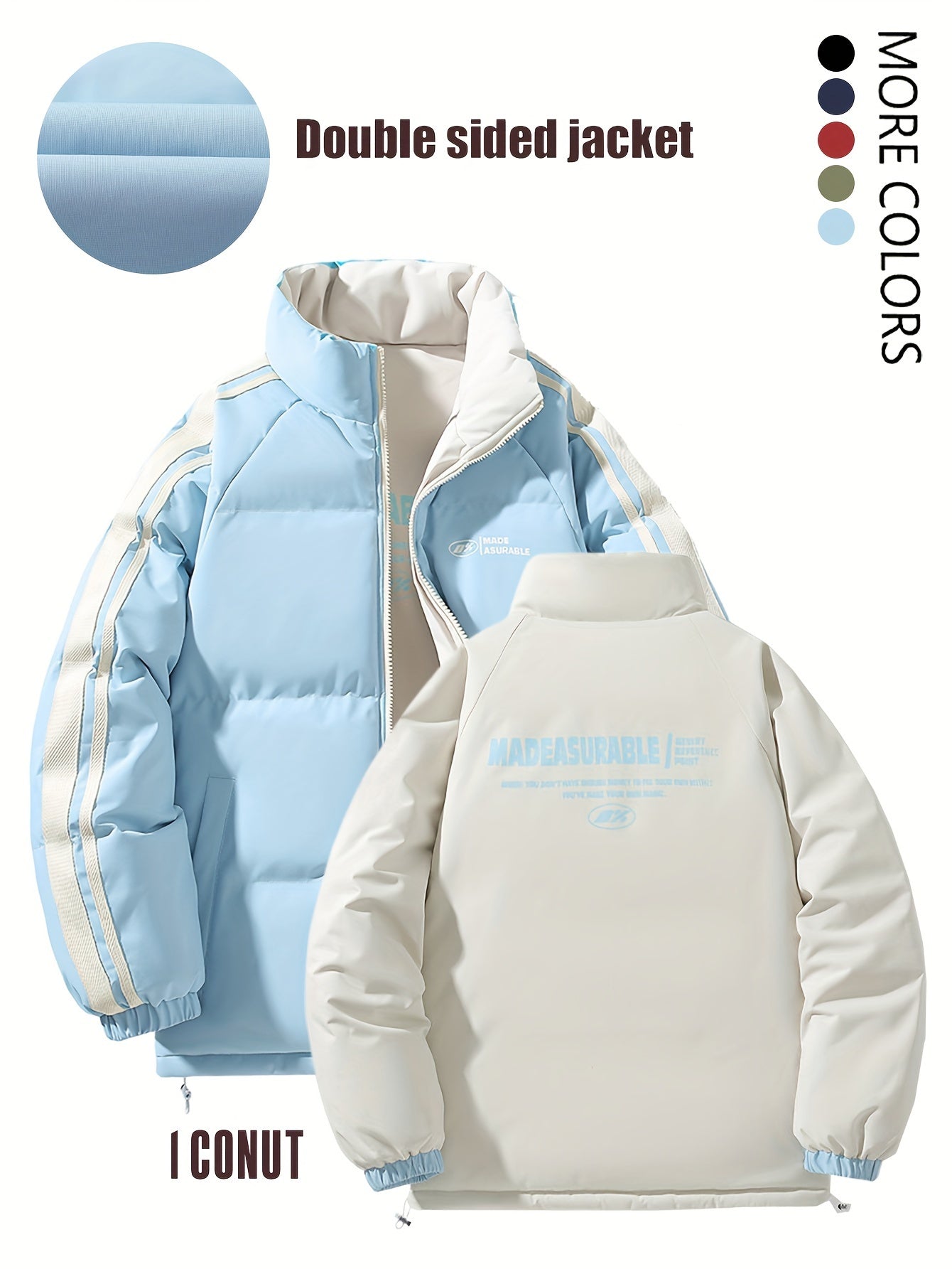 Տղամարդու երկկողմանի ձմեռային բաճկոն՝ հաստացված, կանգուն օձիքով, կայծակաճարմանդով և «MADEASURABLE» և «I CONUT» գրությամբ, սև և սպիտակ, սովորական չափսի՝ աշնանային և ձմռան համար, աշնանային վերնազգեստ, համարձակ գրություն, դիմացկուն գործվածք