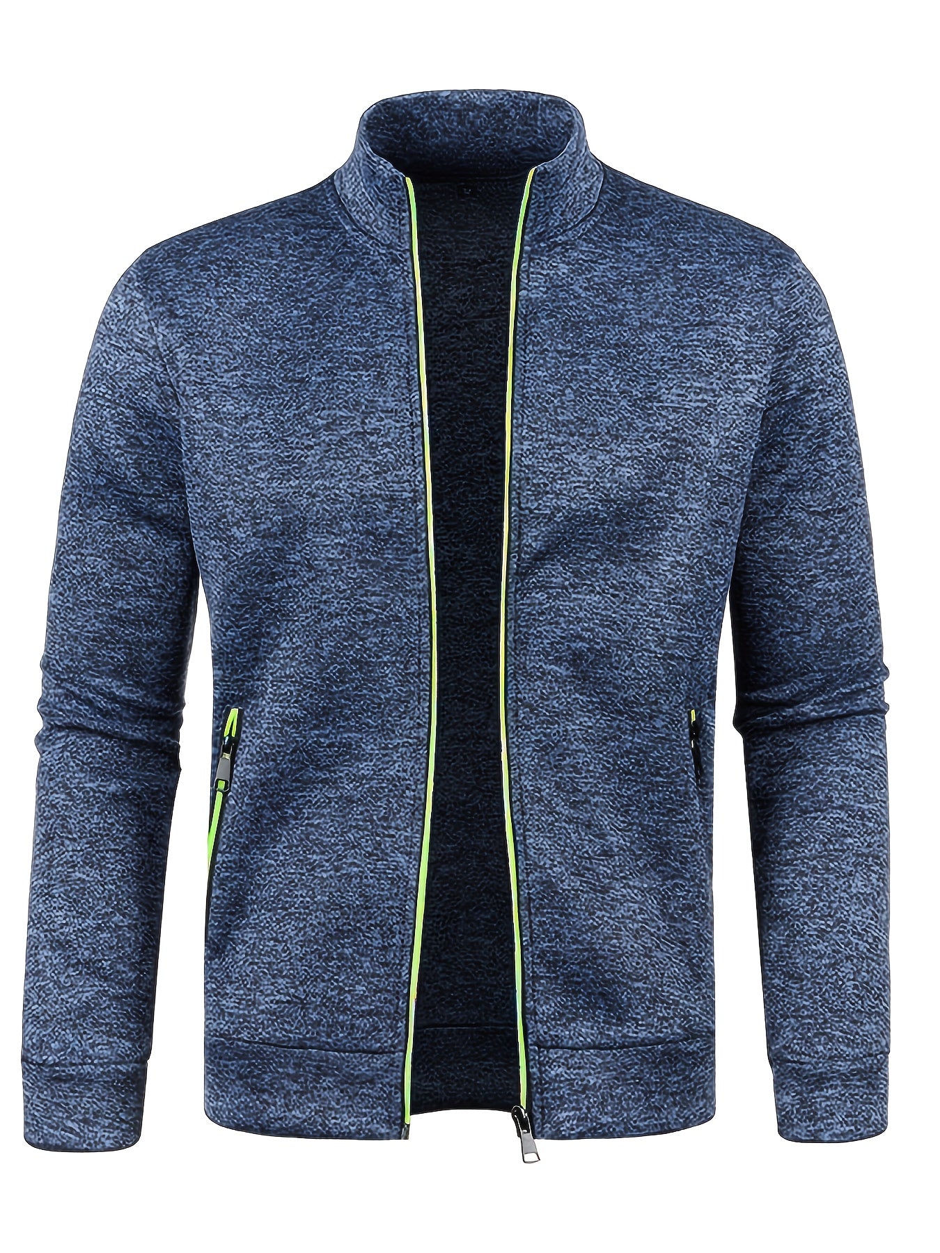 Men's Stand Collar Jacket - Full-Zip Casual Athletic Coat, Light Grey with Lime Accents, Zippered Front Closure for Gym, Office, Everyday - Machine Washable Outerwear, Gym Wear, Sporty Design, Smooth Texture, Lightweight Coat