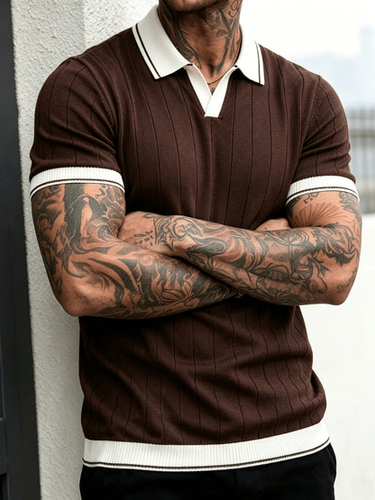 Men's Summer Striped Knit Polo Shirt with Contrast Collar