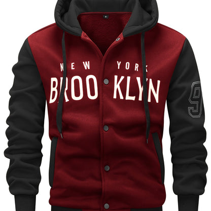 Men's 'BROOKLYN' Pattern Color Blocking Hooded Jacket, Casual Preppy Style Coat For Spring And Autumn Outdoors As Gift
